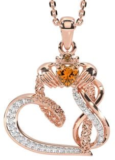 Diamond Citrine Rose Gold Silver Claddagh Infinity Trinity knot Necklace