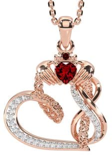 Diamond Garnet Rose Gold Silver Claddagh Infinity Trinity knot Necklace