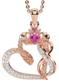 Diamond Pink Tourmaline Rose Gold Silver Claddagh Infinity Trinity knot Necklace