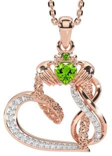 Diamond Peridot Rose Gold Silver Claddagh Infinity Trinity knot Necklace