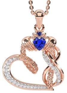 Diamond Sapphire Rose Gold Claddagh Infinity Trinity knot Necklace