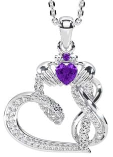 Diamond Amethyst Silver Claddagh Infinity Trinity knot Necklace