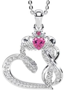 Diamond Pink Tourmaline Silver Claddagh Infinity Trinity knot Necklace