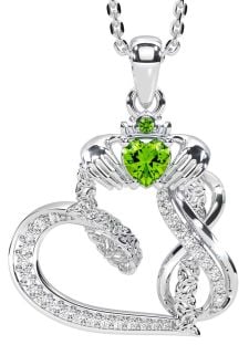 Diamond Peridot Silver Claddagh Infinity Trinity knot Necklace