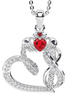 Diamond Ruby Silver Claddagh Infinity Trinity knot Necklace