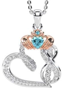 Diamond Aquamarine Rose Gold Silver Claddagh Infinity Trinity knot Necklace