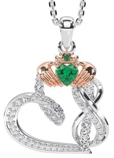 Diamond Emerald Rose Gold Silver Claddagh Infinity Trinity knot Necklace