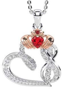 Diamond Ruby Rose Gold Silver Claddagh Infinity Trinity knot Necklace