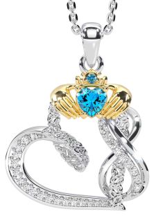 Diamond Topaz Gold Silver Claddagh Infinity Trinity knot Necklace