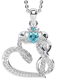 Diamond Aquamarine White Gold Claddagh Infinity Trinity knot Necklace