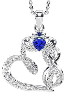 Diamond Sapphire White Gold Claddagh Infinity Trinity knot Necklace