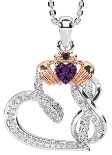 Diamond Alexandrite White Rose Gold Claddagh Infinity Trinity knot Necklace