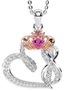 Diamond Pink Tourmaline White Rose Gold Claddagh Infinity Trinity knot Necklace