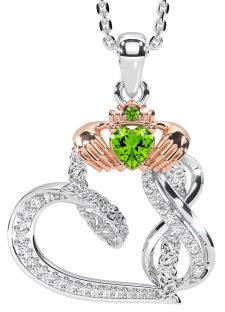 Diamond Peridot White Rose Gold Claddagh Infinity Trinity knot Necklace