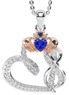 Diamond Sapphire White Rose Gold Claddagh Infinity Trinity knot Necklace