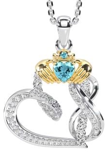 Diamond Aquamarine White Yellow Gold Claddagh Infinity Trinity knot Necklace