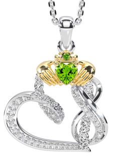 Diamond Peridot White Yellow Gold Claddagh Infinity Trinity knot Necklace