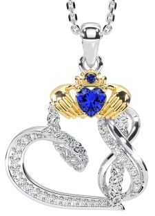 Diamond Sapphire White Yellow Gold Claddagh Infinity Trinity knot Necklace