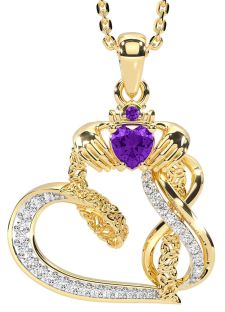 Diamond Amethyst Gold Claddagh Infinity Trinity knot Necklace