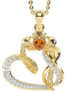 Diamond Citrine Gold Claddagh Infinity Trinity knot Necklace