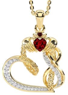 Diamond Garnet Gold Claddagh Infinity Trinity knot Necklace