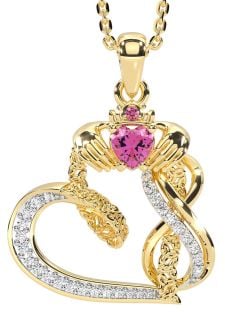 Diamond Pink Tourmaline Gold Claddagh Infinity Trinity knot Necklace