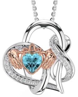 Diamond Aquamarine Rose Gold Silver Claddagh Infinity Necklace