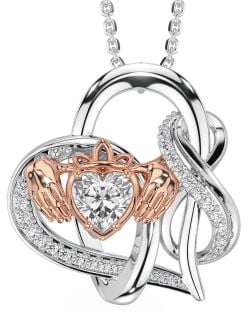 Diamond Rose Gold Silver Claddagh Infinity Necklace