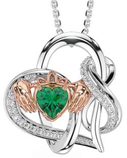 Diamond Emerald Rose Gold Silver Claddagh Infinity Necklace