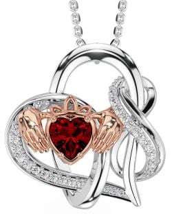 Diamond Garnet Rose Gold Silver Claddagh Infinity Necklace