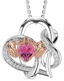 Diamond Pink Tourmaline Rose Gold Silver Claddagh Infinity Necklace