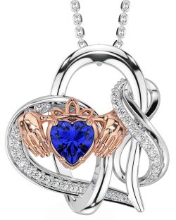 Diamond Sapphire Rose Gold Silver Claddagh Infinity Necklace