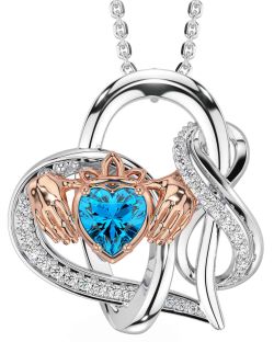 Diamond Topaz Rose Gold Silver Claddagh Infinity Necklace