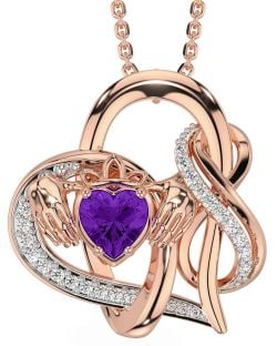 Diamond Amethyst Rose Gold Silver Claddagh Infinity Necklace