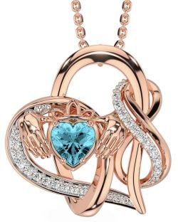 Diamond Aquamarine Rose Gold Silver Claddagh Infinity Necklace