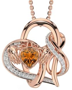 Diamond Citrine Rose Gold Silver Claddagh Infinity Necklace