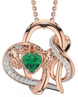 Diamond Emerald Rose Gold Silver Claddagh Infinity Necklace