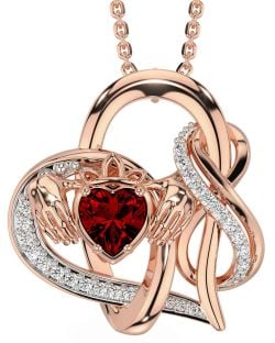 Diamond Garnet Rose Gold Silver Claddagh Infinity Necklace