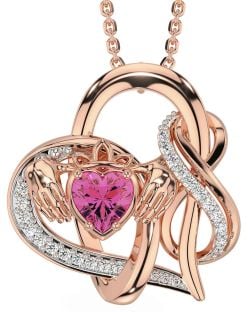 Diamond Pink Tourmaline Rose Gold Silver Claddagh Infinity Necklace