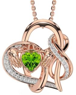 Diamond Peridot Rose Gold Silver Claddagh Infinity Necklace