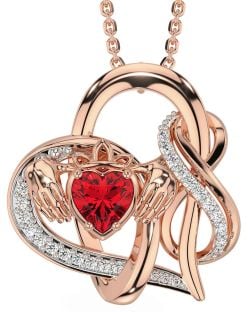 Diamond Ruby Rose Gold Silver Claddagh Infinity Necklace