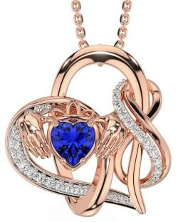 Diamond Sapphire Rose Gold Silver Claddagh Infinity Necklace