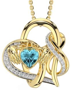 Diamond Aquamarine Gold Silver Claddagh Infinity Necklace