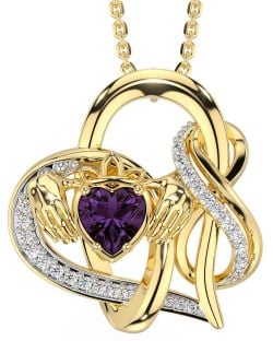 Diamond Alexandrite Gold Silver Claddagh Infinity Necklace