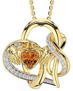 Diamond Citrine Gold Silver Claddagh Infinity Necklace