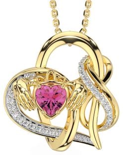 Diamond Pink Tourmaline Gold Silver Claddagh Infinity Necklace