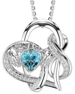 Diamond Aquamarine Silver Claddagh Infinity Necklace