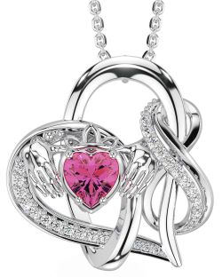 Diamond Pink Tourmaline Silver Claddagh Infinity Necklace