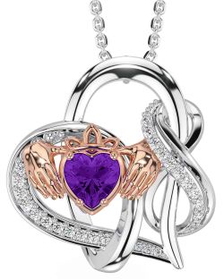 Diamond Amethyst Rose Gold Silver Claddagh Infinity Necklace