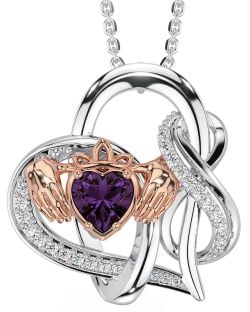 Diamond Alexandrite Rose Gold Silver Claddagh Infinity Necklace